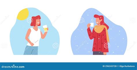 Women Drink Cold Drink In Hot Weather And Hot Drink In Cold Weather Girl With Season Beverages