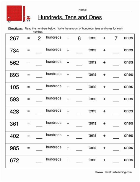 Chart Of Ones Tens Hundreds