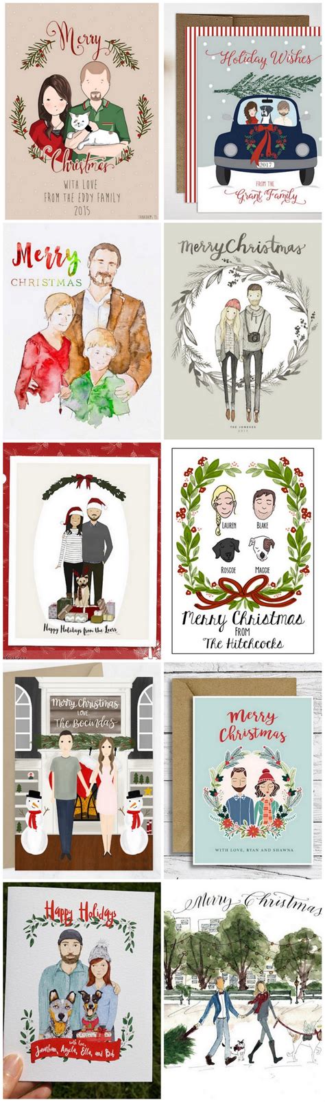 12 Gorgeous, Custom-illustrated Portrait Christmas Cards with your Faces!