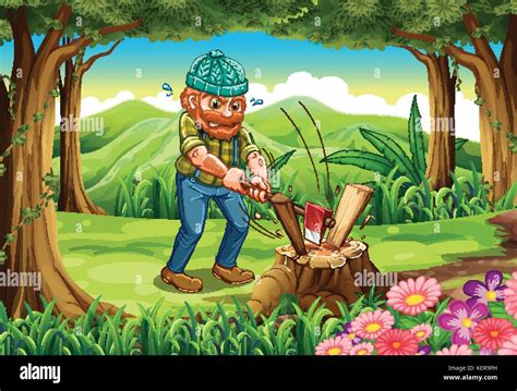 Illustration Of A Hardworking Lumberjack Chopping Woods At The Forest