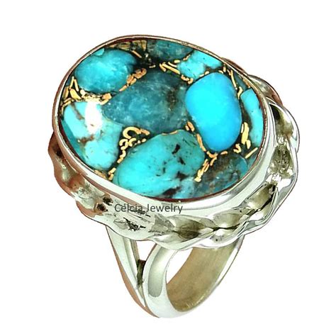 Natural Blue Copper Turquoise Gemstone Oval Ring Solid Sterling