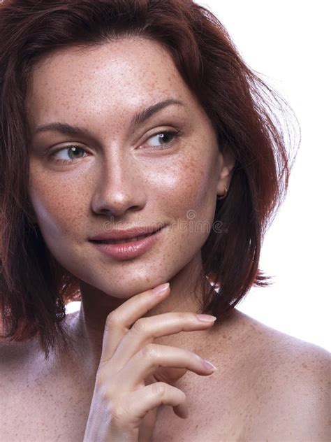 Cute Brunette Woman With Freckles All Over Her Face Clean Flawless Fresh Skin Stock Image