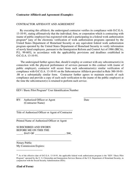 Georgia United States Sample Contractor Affidavit And Agreement