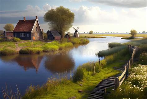 Netherlands Landscape With River And Windmill Generative Ai Art Stock