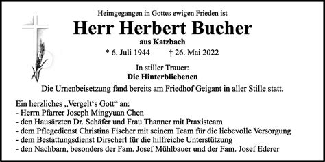 Traueranzeigen Von Herbert Bucher Mittelbayerische Trauer