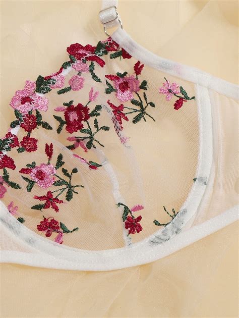 Floral Embroidered Mesh Underwire Lingerie Set Shein Uk