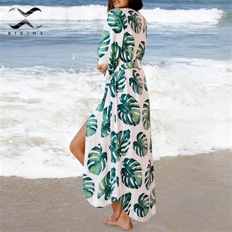 Aliexpress.com : Buy Bikinx Long cotton beach women cover up Leaves print kaftan Sarong swimsuit ...