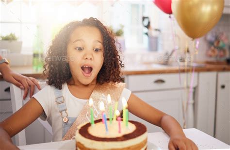 Happy birthday cake, candles and child with surprise, excited and happy ...