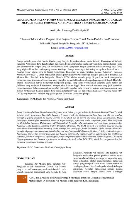 PDF Analisa Perawatan Pompa Sentrifugal Intake B Dengan Menggunakan