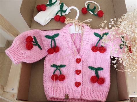 Cherry Pink Cardigan Girl Cherry Cardigan Pink Pattern Sweater Easy