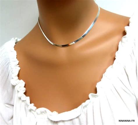 Chaine Argent Maille Serpent Plate Collier Ras De Cou Femme Ninanina