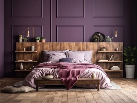 Premium AI Image | A purple bedroom with a purple wall with a plant on it and a purple wall with ...