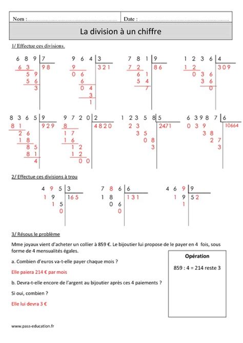 Division Chiffre Sens Cm Exercices Imprimer Pass Education
