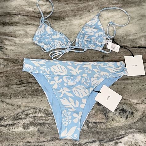 Onia Swim Onia Bikini String Bikini Top Mid Rise Bottom Blue Tropical Floral Sz Medium M