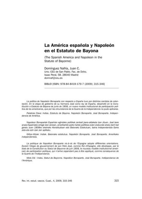 Pdf La Am Rica Espa Ola Y Napole N En El Estatuto De Bayona La