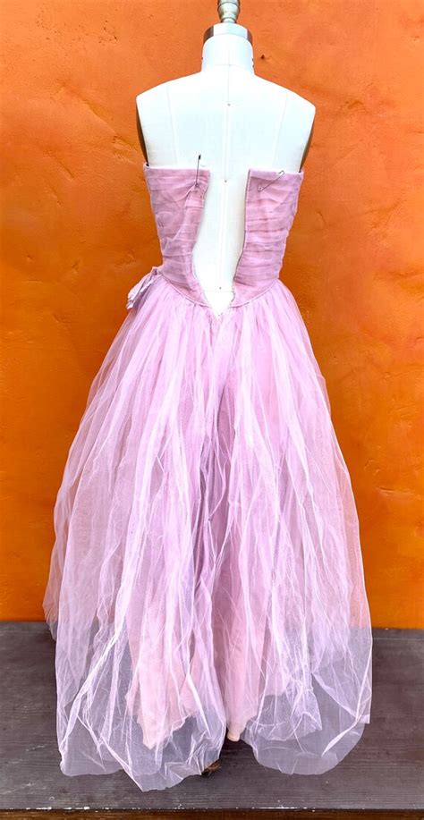 Vintage 1950s Lavender Tulle Strapless Evening Dress Gem