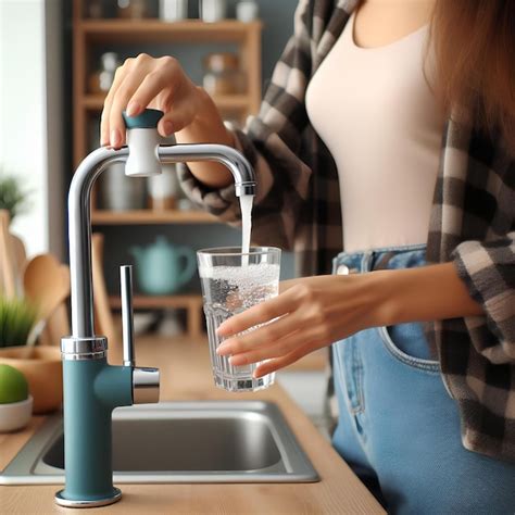 Mujer Llenando Un Vaso Con Agua Del Grifo En Una Cocina Blanca Foto