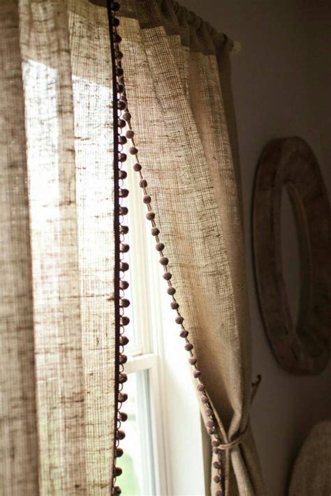 Natural Burlap Curtain Panel With Pom Pom Trim Country Farmhouse