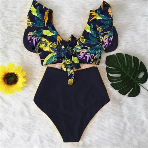 Print Swimwear Women High Waist Bikini Ruffle Swimsuit Push Up Bikinis