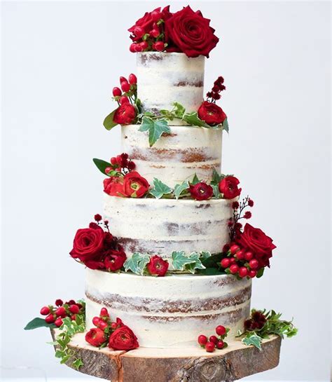 Semi Naked Wedding Cake With Ivy And Red Roses