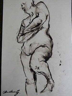 Original Chinagraph Pencil Expressive Nude Life Drawing Standing Pose