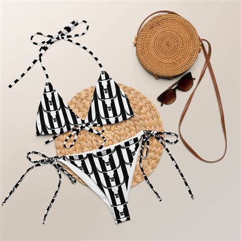 Longhorn Skull Stripes Recycled String Bikini Set Black White Western Swim Suit Cowgirl