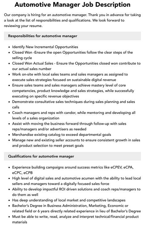 Automotive Manager Job Description Velvet Jobs