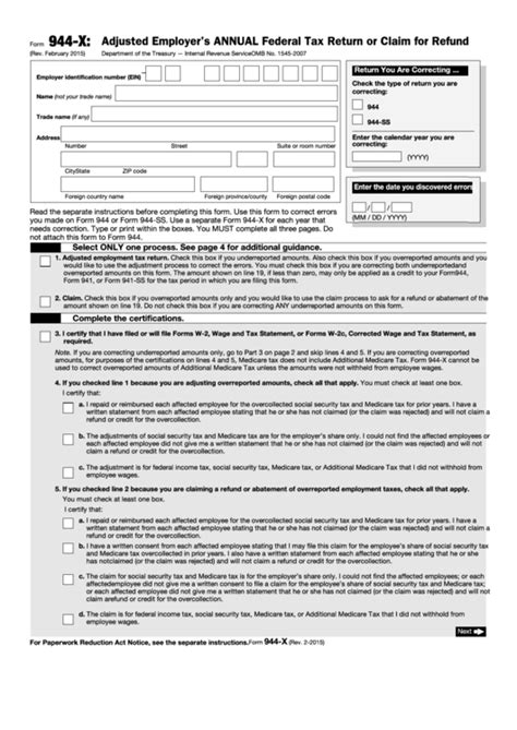 Fillable Form 944 X Adjusted Employers Annual Federal Tax Return Or