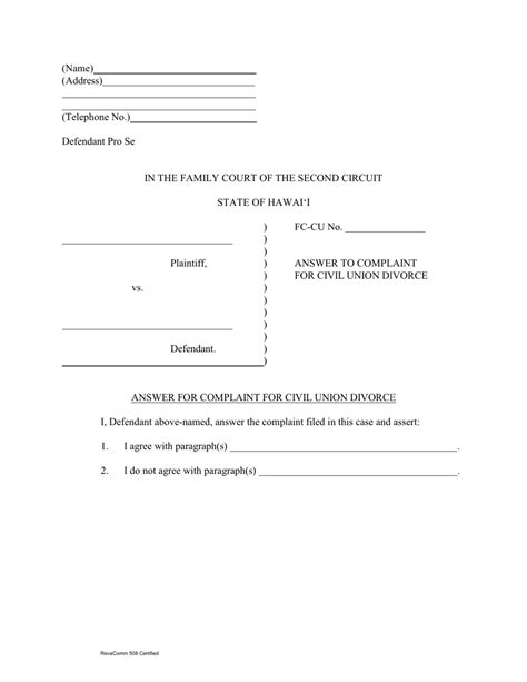 Answer To Civil Complaint Template