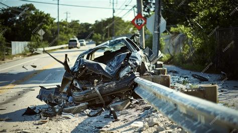 Premium Photo Against The Backdrop Of A Mangled Guardrail The Car Crash Aftermath Reveals The