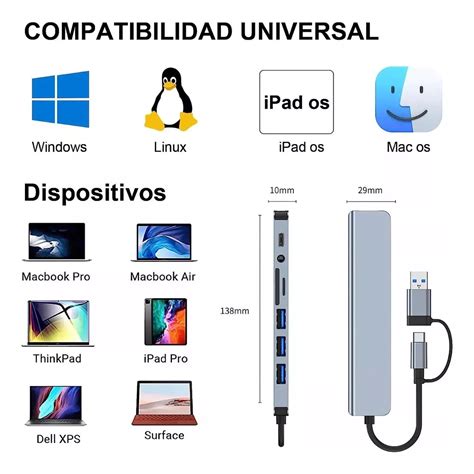 Concentrador hub cel puertos USB tipo C estación acoplamiento aluminio