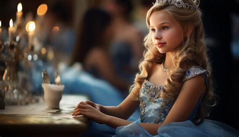 Premium AI Image A Girl Like Princess Blonde Hair In A Blue Princess Dress