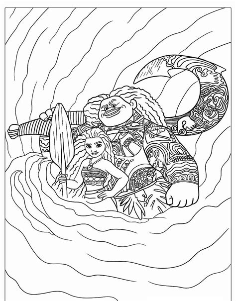 Desenho da Moana e Maui em aventura no mar para colorir