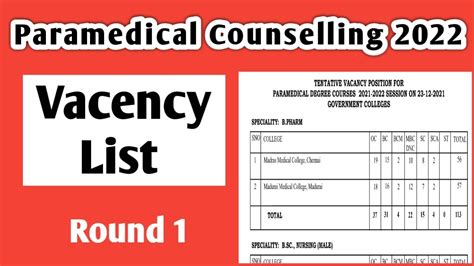 Tn Paramedical Counselling Government College Vacency List Round