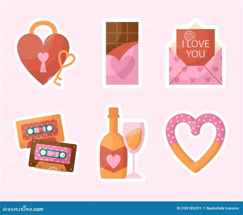 Flat Valentines Day Stickers Set Vector Illustration Stock Vector