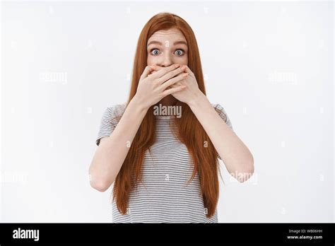 Shocked Amused Young Redhead Girl Learn Incredible Rumor Widen Eyes