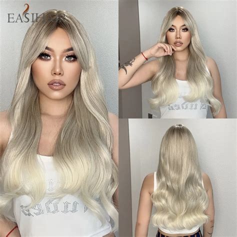 EASIHAIR Blonde Ombre Long Water Wave Synthetic Wigs Natural Hair Wigs For Women With Bangs