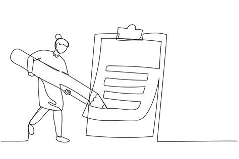 Continuous One Line Drawing Businesswoman Writing On Clipboard With