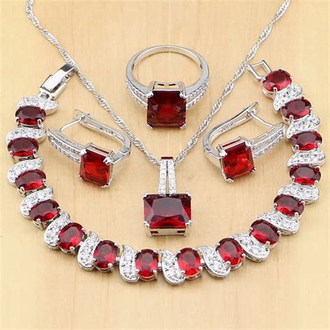 925 Silver Jewelry Red Cubic Zirconia White Cz Beads Jewelry Sets Women Earringspendant