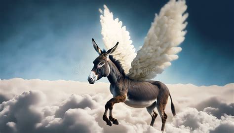 Donkey with Wings Flying between Clouds. Winged Donkey Stock ...