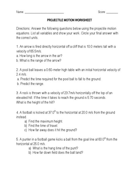 Projectile Motion Worksheet With Answers