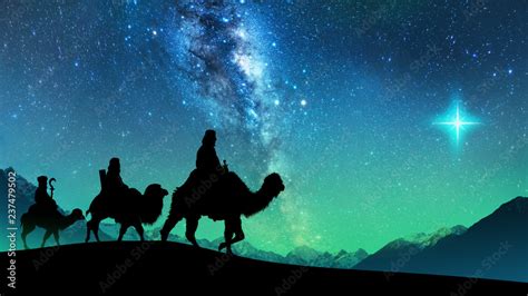 Silhouette Of Three Wise Men Riding A Camel Along The Star Path To