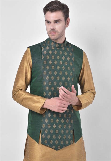 Buy Golden Printed Dupion Silk Kurta Jacket Set In Beige And Green