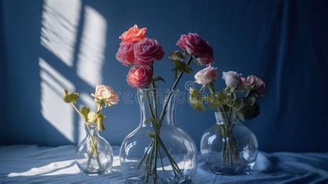 Still Life With Pink Roses In Glass Vases On A Blue Background Stock