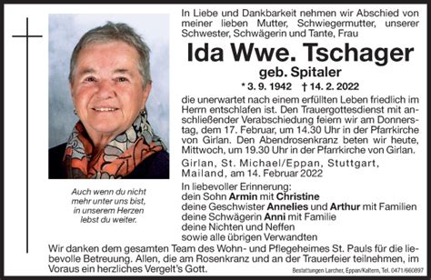 Traueranzeigen Von Ida Tschager Trauer Bz