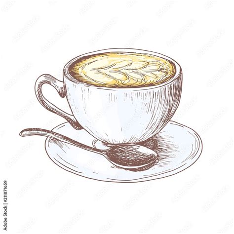 Sketch Cup Of Coffee Latte With Saucer Illustration Capuccino