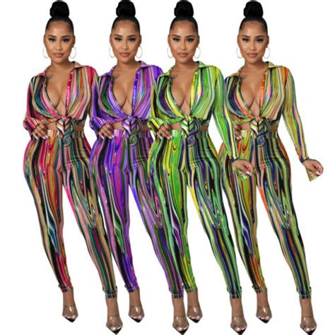 New Stylish Women V Neck Long Sleeves Tie Dye Print Bodycon Club Jumpsuit 2pcs Ebay