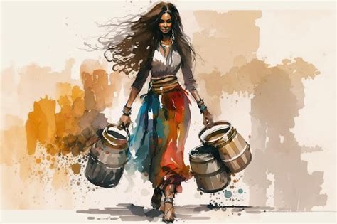 Premium Photo | A painting of a woman carrying buckets of water.