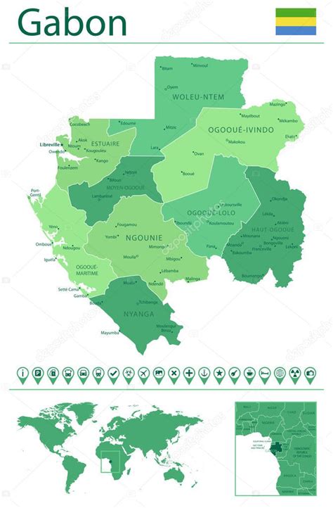 Mapa Detallado De Gabón Con La Bandera De País Y Ubicación En El Mapa