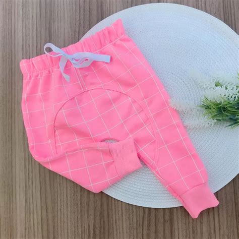 Calça Saruel Moletom Careca Rosa Neon Quadriculado Baby Mee Moda Bebe